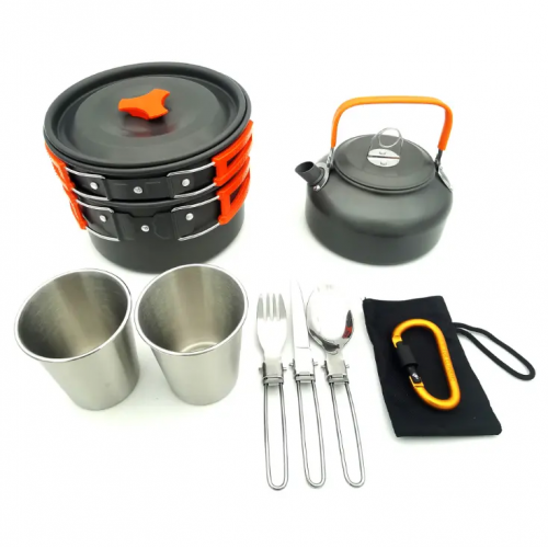 Hot selling outdoor supplies 2-3 people camping POTS with portable teapot cover pot combination