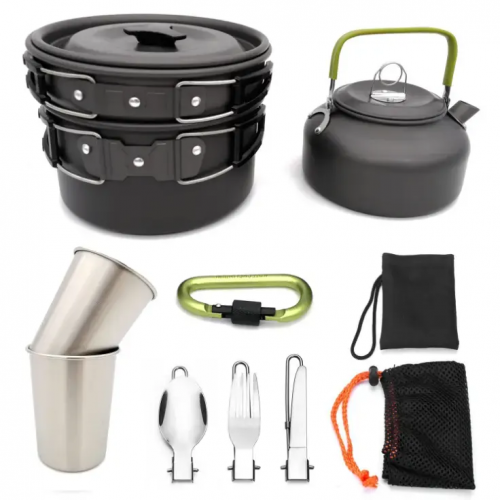 Hot selling outdoor supplies 2-3 people camping POTS with portable teapot cover pot combination