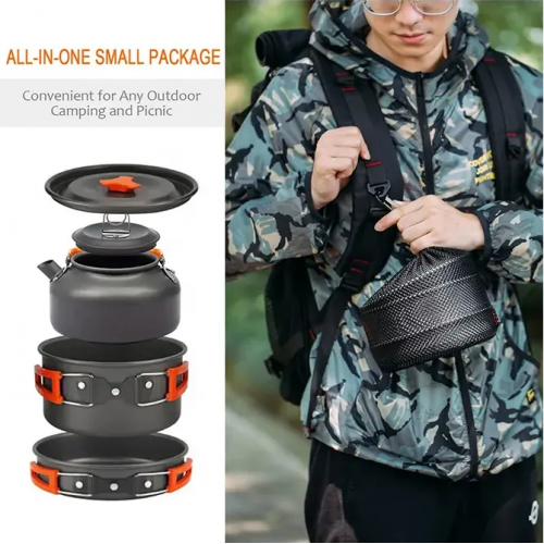 Hot selling outdoor supplies 2-3 people camping POTS with portable teapot cover pot combination