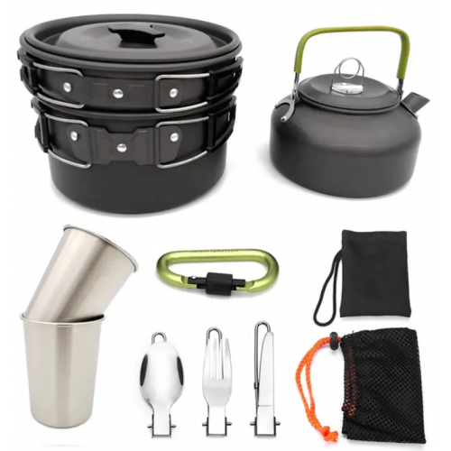 Hot selling outdoor supplies 2-3 people camping POTS with portable teapot cover pot combination