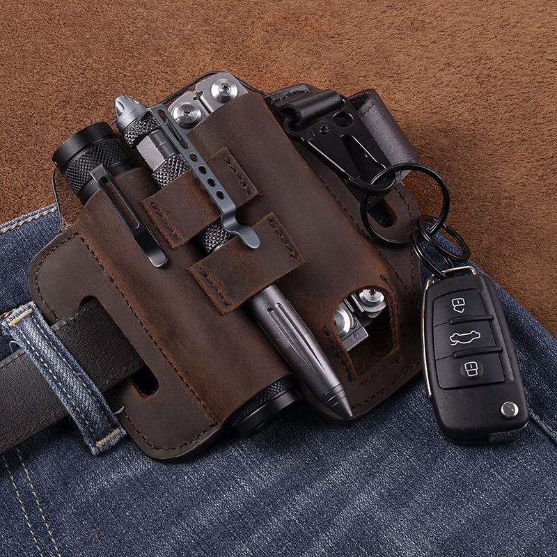 Outdoor camping tool EDC tactical leather case flashlight case leather multi-functional edc knife case 