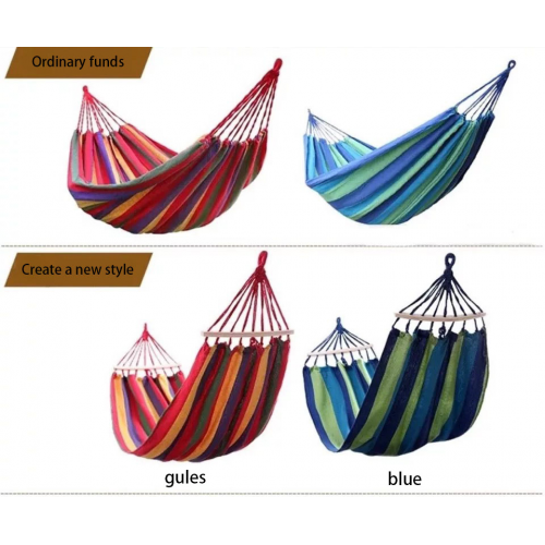 Single hammock outdoor supplies swing color strip canvas red double blue with wooden stick to send the strap bag