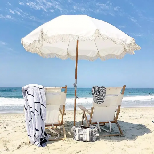 Outdoor seaside windproof water-splashing-proof tassel wooden rod sunshade logo customization