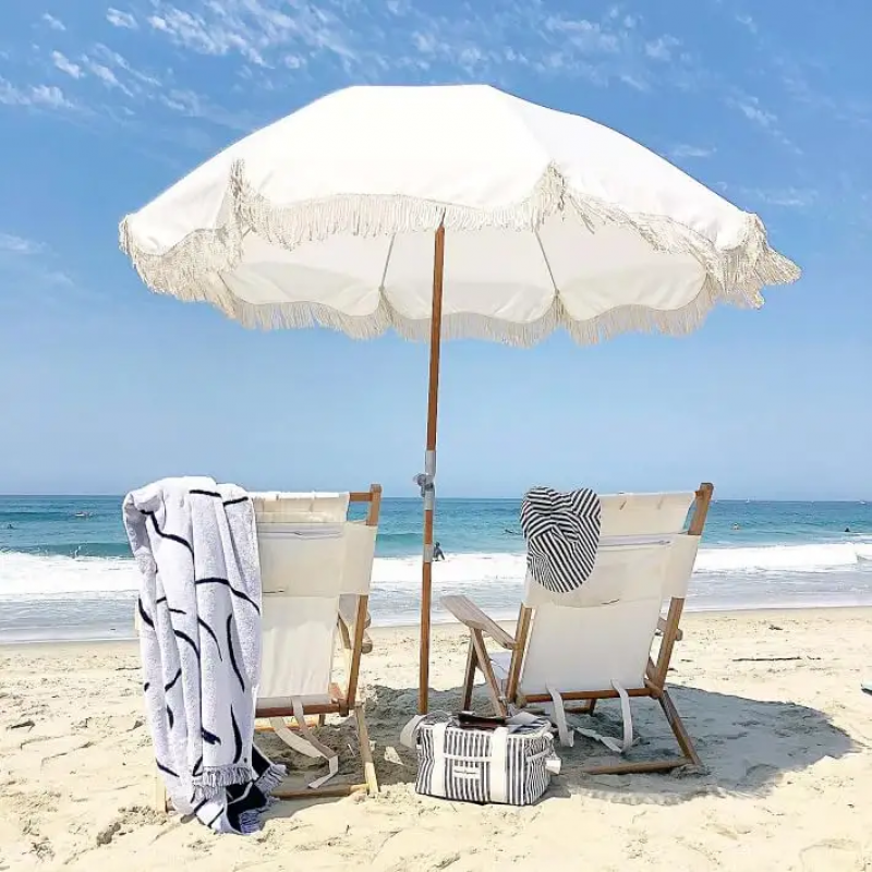 Outdoor seaside windproof water-splashing-proof tassel wooden rod sunshade logo customization 