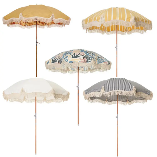 Outdoor seaside windproof water-splashing-proof tassel wooden rod sunshade logo customization