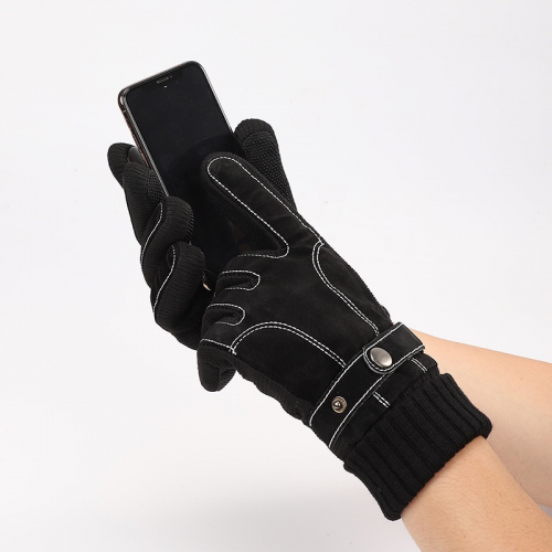 Leather gloves in winter for men thickened with wool and warm pig skin touch screen for riding motorcycles to protect against cold and wind in winter for men