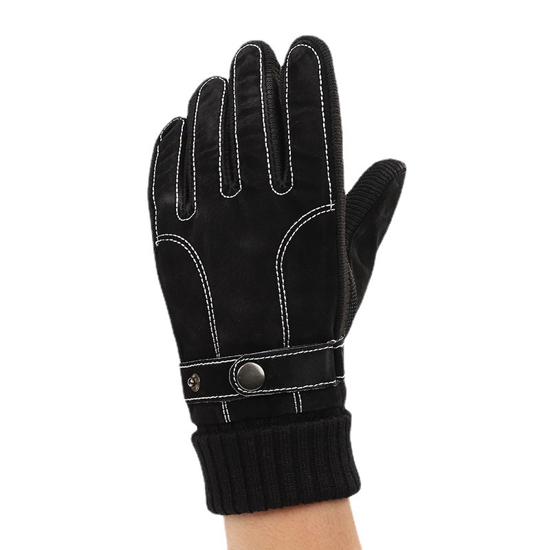 Leather gloves in winter for men thickened with wool and warm pig skin touch screen for riding motorcycles to protect against cold and wind in winter for men 